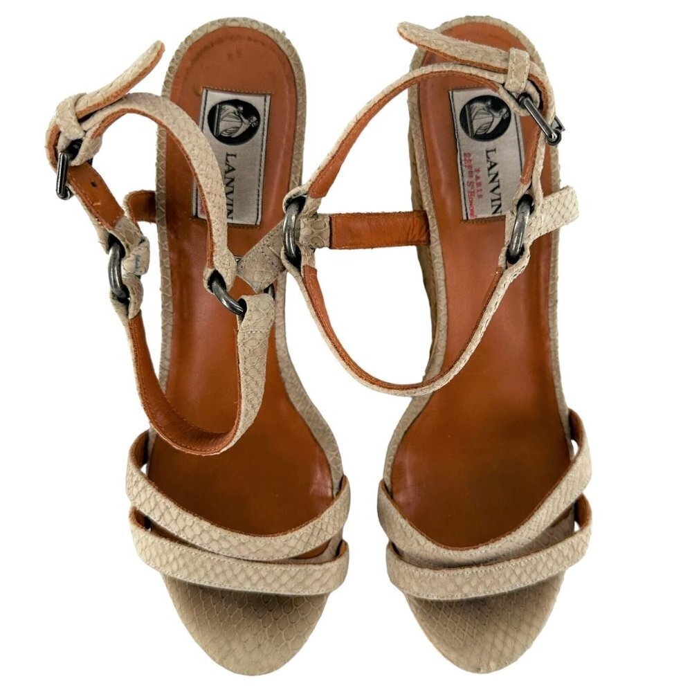 LANVIN Beige Textured Leather Ankle Strap Espadrille Wedge Heel Sandals Size 40 - Picture 4 of 9